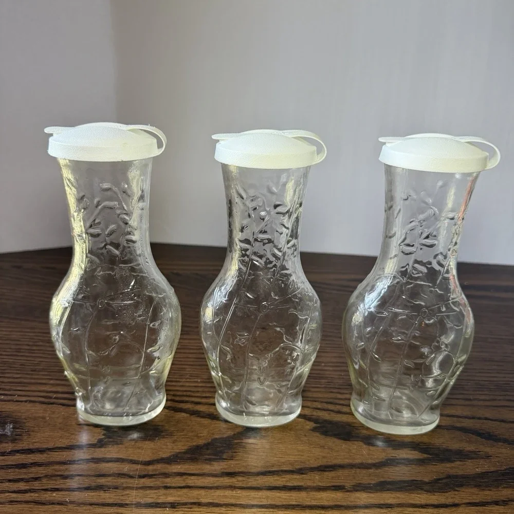 3 VTG Good Seasons Salad Dressing Embossed Glass Cruet Shaker Bottle With Lids